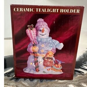 Ceramic Snowman Tealight Holder Hand Painted Christmas Holiday Decor